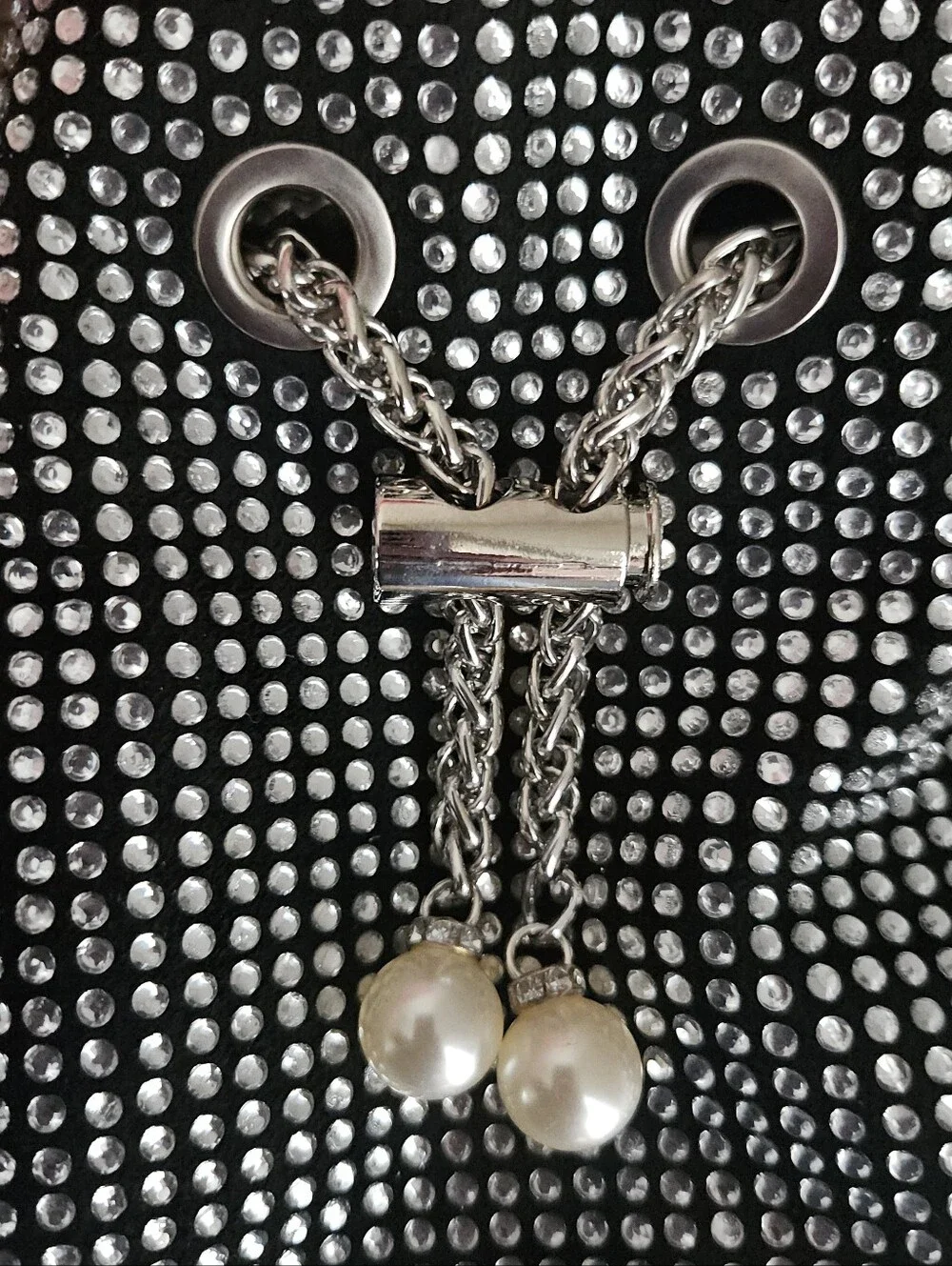 Black Rhinestone Mini Drawstring Bag With Chain - Picture 3 of 7